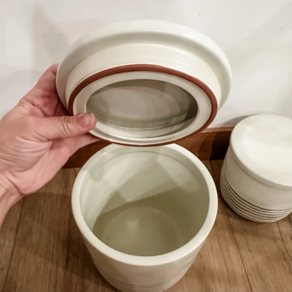 Hearth & Hand‎ Magnolia Stoneware 3 Crocks Cream & Gray Stripes w/ Lids Lg Md Sm